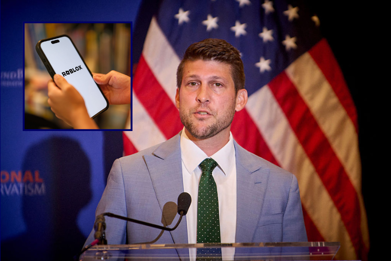 James Uthmeier speaks at the National Conservative Convention in Washington D.C., Sept. 3, 2025. (Photo by Dominic Gwinn / Middle East Images via AFP) (Photo by DOMINIC GWINN/Middle East Images/AFP via Getty Images) / A 7-year-old teenage boy looks at a photo screen with Roblox, a social media networking app that will not be age-restricted, is opened on December 07, 2025 in Sydney, Australia. The Online Safety Amendment (Social Media Minimum Age) Act 2024 requires social media platforms, including TikTok, Instagram, Facebook, YouTube, Snapchat, X, Reddit, Threads, Twitch, and Kick to implement age-verification systems and take reasonable steps to prevent account creation by users under 16, with non-compliant platforms facing penalties of up to A$50 million. (Photo by George Chan/Getty Images)