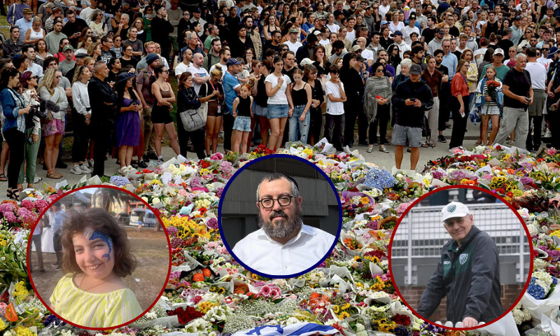 Mourners gather by floral tributes at the Bondi Pavillion in memory of the victims of a shooting at Bondi Beach, in Sydney on December 15, 2025. (Photo by Saeed KHAN / AFP via Getty Images) / Image shows 10-year-old Matilda at Bondi Beach, Sydney on December 14, 2025. (Family Handout) / A photo from the Facebook page of Rabbi Eli Schlanger / Peter Meagher (Randwick Rubgy Handout)