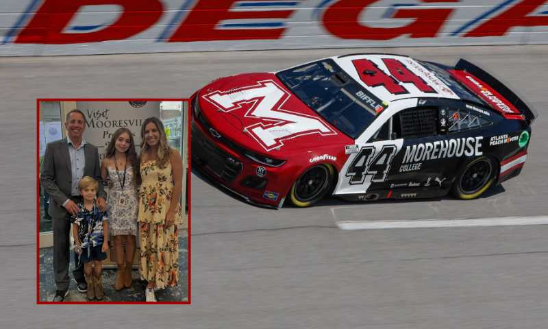 (Background) Greg Biffle, driver of the #44 Morehouse College Chevrolet, drives during qualifying for the NASCAR Cup Series GEICO 500 at Talladega Superspeedway on April 23, 2022 in Talladega, Alabama. (Photo by Sean Gardner/Getty Images) / (L) (L-R) Greg Biffle, Ryder Biffle, Emma Biffle and Cristina Biffle. (Cristina Biffle; Instagram)