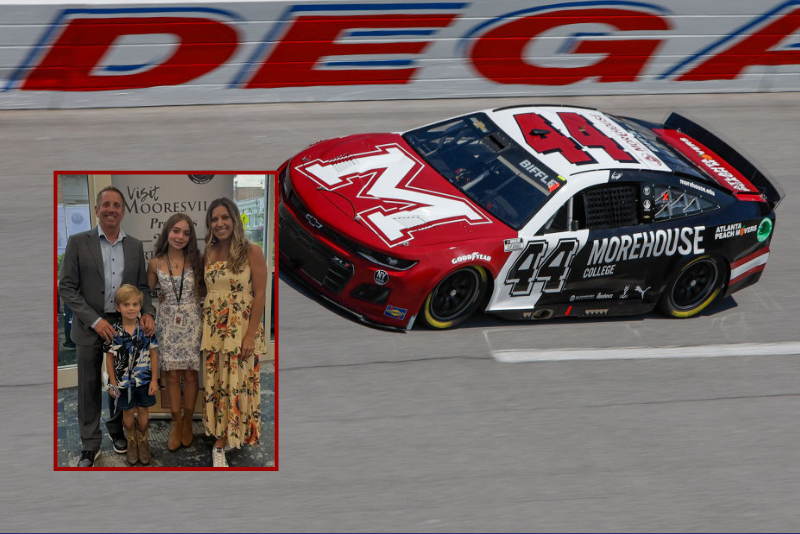 (Background) Greg Biffle, driver of the #44 Morehouse College Chevrolet, drives during qualifying for the NASCAR Cup Series GEICO 500 at Talladega Superspeedway on April 23, 2022 in Talladega, Alabama. (Photo by Sean Gardner/Getty Images) / (L) (L-R) Greg Biffle, Ryder Biffle, Emma Biffle and Cristina Biffle. (Cristina Biffle; Instagram)