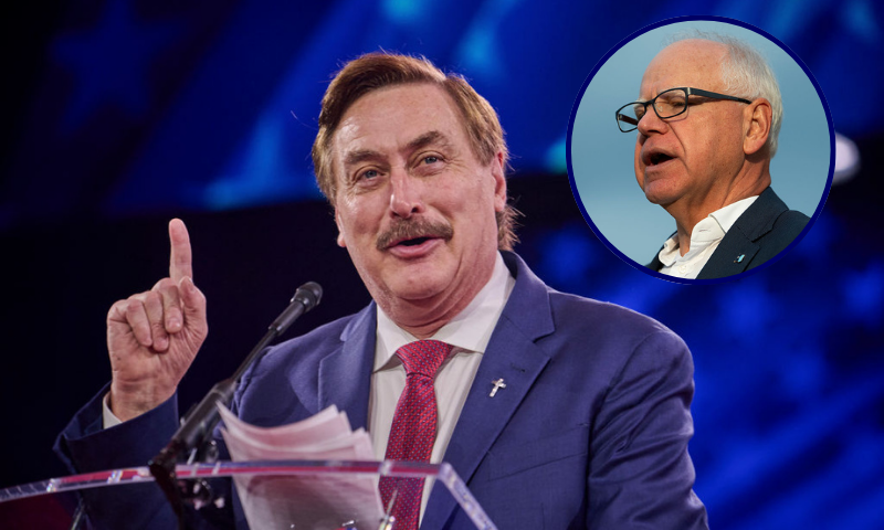 (Background) Mike Lindell speaks at the annual CPAC DC conference at the Gaylord National Resort in Oxon Hill, MD on Friday, 21, 2025. (Photo by Dominic Gwinn / Middle East Images / Middle East Images via AFP) (Photo by DOMINIC GWINN/Middle East Images/AFP via Getty Images) / (R) Minnesota Gov. Tim Walz speaks to media gathered on the first day of school at Deerwood Elementary on September 2, 2025 in Eagan, Minnesota. Walz has been considering a special session of the Minnesota legislature to address gun violence and regulations. The majority of Minnesota school children return to school today after last weeks mass shooting at Annunciation Church and School which killed two and injured 21 others.(Photo by Stephen Maturen/Getty Images)