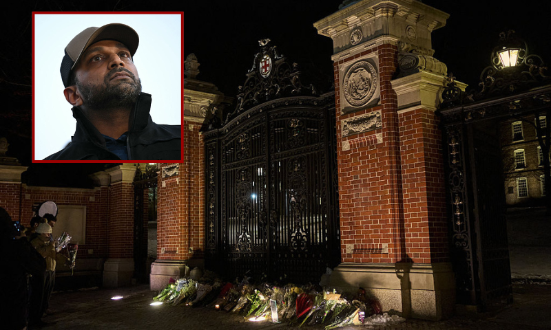 (Background) Brown University students and community members take a moment at a makeshift memorial for the victims of a December 13 mass shooting at the Van Winkle Gates outside Brown's college campus in Providence, Rhode Island, on December 15, 2025. A gunman remained at large after a weekend mass shooting at elite Brown University left two dead and nine wounded, with US authorities releasing new footage of a masked "person of interest" captured on surveillance cameras. The shooting took place December 13 in a building where exams were underway on the Ivy League campus in Providence, Rhode Island when a man with a rifle burst in and opened fire before fleeing. (Photo by Bing Guan / AFP via Getty Images) / (L) FBI Director Kash Patel looks on during a press conference after a shooting in downtown Washington, on November 26, 2025. On November 26, FBI Director Kash Patel told reporters two National Guard troops shot blocks away from the White House in downtown Washington were critically wounded, clarifying earlier erroneous reports that they had died. (Photo by Drew ANGERER / AFP via Getty Images)