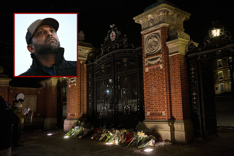 (Background) Brown University students and community members take a moment at a makeshift memorial for the victims of a December 13 mass shooting at the Van Winkle Gates outside Brown's college campus in Providence, Rhode Island, on December 15, 2025. A gunman remained at large after a weekend mass shooting at elite Brown University left two dead and nine wounded, with US authorities releasing new footage of a masked "person of interest" captured on surveillance cameras. The shooting took place December 13 in a building where exams were underway on the Ivy League campus in Providence, Rhode Island when a man with a rifle burst in and opened fire before fleeing. (Photo by Bing Guan / AFP via Getty Images) / (L) FBI Director Kash Patel looks on during a press conference after a shooting in downtown Washington, on November 26, 2025. On November 26, FBI Director Kash Patel told reporters two National Guard troops shot blocks away from the White House in downtown Washington were critically wounded, clarifying earlier erroneous reports that they had died. (Photo by Drew ANGERER / AFP via Getty Images)