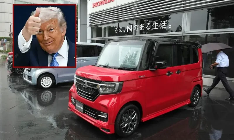 (Background) This picture taken on August 31, 2017 shows Honda Motor's new N-BOX mini-vehicles at its headquaters in Tokyo. Japan's beloved 'kei cars' may have a rocky road ahead despite a legion of loyal fans. Sales of the cutesy box-shaped cars, a staple of the world's number three vehicle market, drove off a cliff after peaking at 2.27 million units in 2014. / AFP PHOTO / Kazuhiro NOGI / TO GO WITH AFP STORY Japan-auto-society,FOCUS by Anne BEADE (Photo credit should read KAZUHIRO NOGI/AFP via Getty Images) / (L) US President Donald Trump gives a thumbs up as he departs the stage during the signing ceremony of a peace deal with the President of Rwanda Paul Kagame and the President of the Democratic Republic of the Congo Felix Tshisekedi at the United States Institute of Peace in Washington, DC, on December 4, 2025. Trump on Thursday brings the leaders of Rwanda and the Democratic Republic of Congo together to endorse a deal that Trump has hailed as his latest peace triumph despite ongoing violence on the ground. Trump hopes the agreement will pave the way for the United States to gain access to critical minerals in the eastern DRC, a violence-torn region home to many of the key ingredients in modern technologies such as electric cars. (Photo by ANDREW CABALLERO-REYNOLDS / AFP via Getty Images)