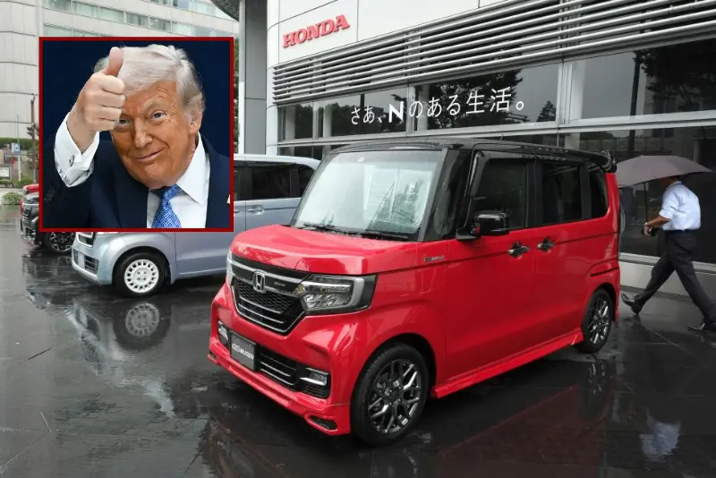 (Background) This picture taken on August 31, 2017 shows Honda Motor's new N-BOX mini-vehicles at its headquaters in Tokyo. Japan's beloved 'kei cars' may have a rocky road ahead despite a legion of loyal fans. Sales of the cutesy box-shaped cars, a staple of the world's number three vehicle market, drove off a cliff after peaking at 2.27 million units in 2014. / AFP PHOTO / Kazuhiro NOGI / TO GO WITH AFP STORY Japan-auto-society,FOCUS by Anne BEADE (Photo credit should read KAZUHIRO NOGI/AFP via Getty Images) / (L) US President Donald Trump gives a thumbs up as he departs the stage during the signing ceremony of a peace deal with the President of Rwanda Paul Kagame and the President of the Democratic Republic of the Congo Felix Tshisekedi at the United States Institute of Peace in Washington, DC, on December 4, 2025. Trump on Thursday brings the leaders of Rwanda and the Democratic Republic of Congo together to endorse a deal that Trump has hailed as his latest peace triumph despite ongoing violence on the ground. Trump hopes the agreement will pave the way for the United States to gain access to critical minerals in the eastern DRC, a violence-torn region home to many of the key ingredients in modern technologies such as electric cars. (Photo by ANDREW CABALLERO-REYNOLDS / AFP via Getty Images)