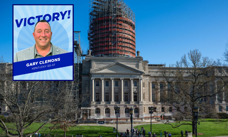 (Background) People, many of whom are adolescents, gather during a rally to protest the passing of SB 150 on March 29, 2023 at the Kentucky State Capitol in Frankfort, Kentucky. SB 150, which was proposed by State Senator Max Wise (R-KY), is criticized by many as a "Don't Say Gay" bill and was vetoed by Kentucky Governor Andy Beshear during the General Assembly. Lawmakers may override this veto, passing the bill into law. (Photo by Jon Cherry/Getty Images) / (L) Gary Clemons. (Democratic Legislative Campaign Committee; Facebook)