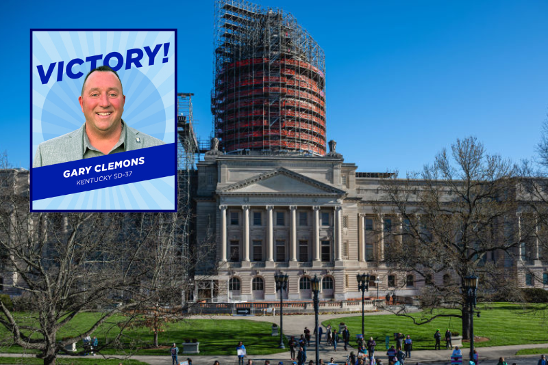 (Background) People, many of whom are adolescents, gather during a rally to protest the passing of SB 150 on March 29, 2023 at the Kentucky State Capitol in Frankfort, Kentucky. SB 150, which was proposed by State Senator Max Wise (R-KY), is criticized by many as a "Don't Say Gay" bill and was vetoed by Kentucky Governor Andy Beshear during the General Assembly. Lawmakers may override this veto, passing the bill into law. (Photo by Jon Cherry/Getty Images) / (L) Gary Clemons. (Democratic Legislative Campaign Committee; Facebook)
