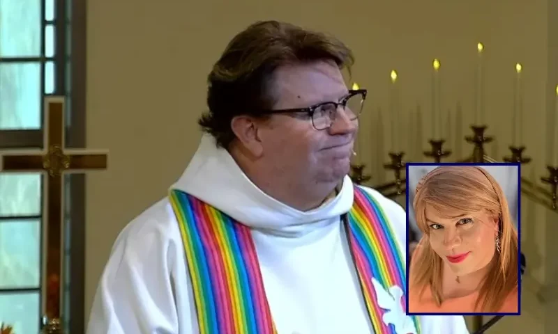 (Background) Phil Phaneuf conducts a Sunday service on Nov. 23, 2025, in Rochester, New York. (Phil Phaneuf; Facebook) / (R) Phil Phaneuf wearing a blonde wig and makeup. (Phil Phaneuf; Facebook)