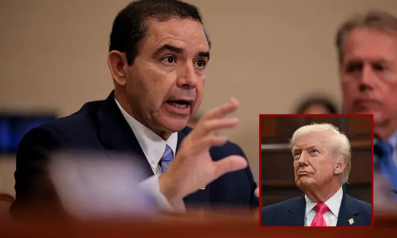 (Background) House Appropriations Committee member Rep. Henry Cuellar (D-TX) questions Homeland Security Secretary Kristi Noem during a hearing in the Rayburn House Office Building on Capitol Hill on May 06, 2025 in Washington, DC. Tasked with the Trump Administration's effort to deport millions of undocumented migrants from the United States, Noem testified before the Homeland Security Subcommittee about her department's FY 2026 budget request. (Photo by Chip Somodevilla/Getty Images) / (R) US President Donald Trump looks on during an announcement of a $6.25 billion donation from Michael Dell, CEO of Dell Technologies and his wife Susan to "Trump Accounts," in the Roosevelt Room of the White House in Washington, DC on December 2, 2025. The donation will be intended to fund investment accounts for at least 25 million American children. (Photo by ANDREW CABALLERO-REYNOLDS / AFP via Getty Images)