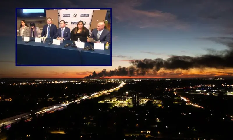 (Background) Smoke rises from the site of a UPS cargo plane crash near the UPS Worldport at Louisville Muhammad Ali International Airport in Louisville, Kentucky, on November 4, 2025. The death toll from a UPS cargo plane crashing in Louisville has risen to nine with more fatalities feared, Kentucky's governor said November 5, as search efforts continued and the airport resumed flights.The McDonnell Douglas MD-11 departing for Hawaii crashed at around 5:15 pm (2215 GMT) Tuesday, November 4, shortly after taking off from Louisville Muhammad Ali International Airport. (Photo by LEANDRO LOZADA / AFP) (Photo by LEANDRO LOZADA/AFP via Getty Images) / (L) Tracy Brammeier, Alexandria Faith, Bradley Cosgrove, Jonathan Hollan, Gabby Hermosio-Nunez and Sam Aguiar hold a press conference regarding the wrongful death lawsuit filed against UPS on Wednesday, December 3, 2025.