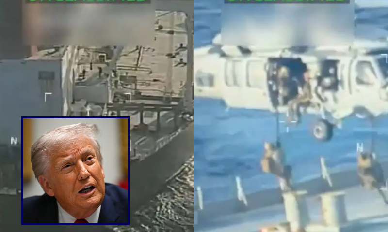 (L) The Skipper oil tanker is seen off the coast of Venezuela on December 10, 2025. (Pam Bondi; X) / (R) U.S. troops are seen boarding The Skipper tanker from a helicopter. (Pam Bondi; X) / (L-Bottom) US President Donald Trump speaks during a roundtable discussion in the Roosevelt Room of the White House in Washington, DC, on December 10, 2025. (Photo by ANDREW CABALLERO-REYNOLDS / AFP via Getty Images)
