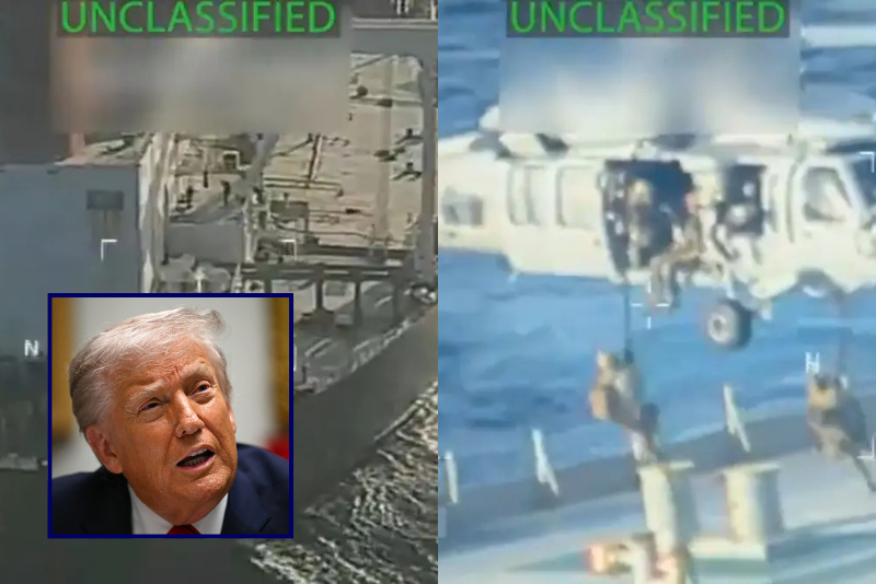 (L) The Skipper oil tanker is seen off the coast of Venezuela on December 10, 2025. (Pam Bondi; X) / (R) U.S. troops are seen boarding The Skipper tanker from a helicopter. (Pam Bondi; X) / (L-Bottom) US President Donald Trump speaks during a roundtable discussion in the Roosevelt Room of the White House in Washington, DC, on December 10, 2025. (Photo by ANDREW CABALLERO-REYNOLDS / AFP via Getty Images)