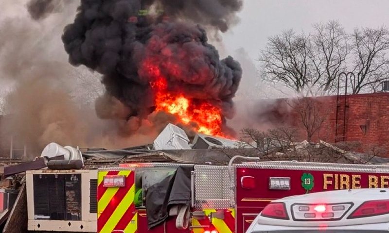 A post on X shares a grim image of a large inferno caused by the explosion at the Silver Lake Nursing Home gas explosion in Bristol Pennsylvania (Photo: @PhillyCrimeUpd on X)