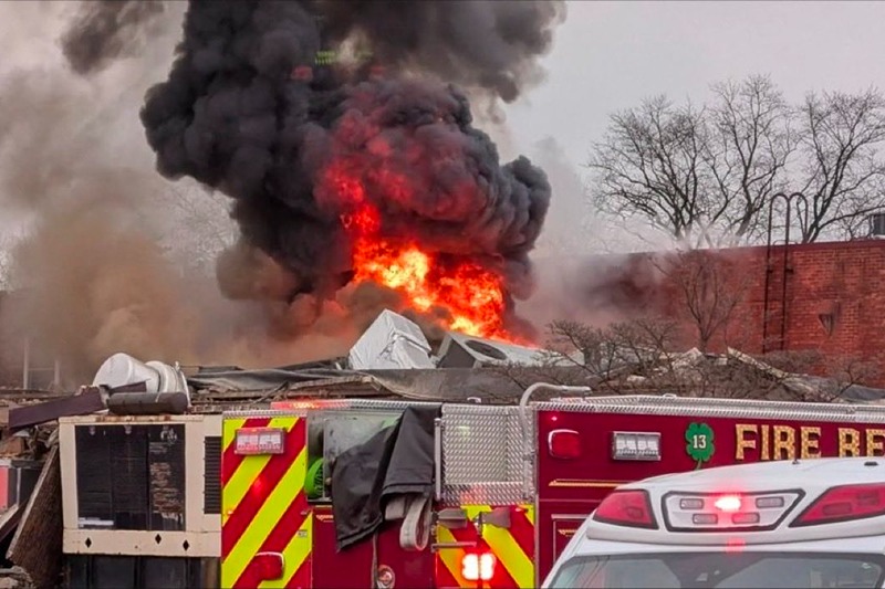 A post on X shares a grim image of a large inferno caused by the explosion at the Silver Lake Nursing Home gas explosion in Bristol Pennsylvania (Photo: @PhillyCrimeUpd on X)