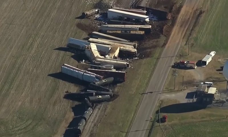 A pileup of train cars after a train derailment occurred early Tuesday morning in Kentucky. Photo Via X @Breaking911