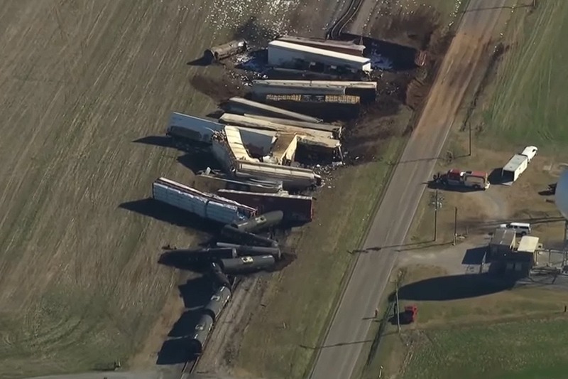 A pileup of train cars after a train derailment occurred early Tuesday morning in Kentucky. Photo Via X @Breaking911