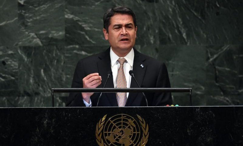 Honduran President Juan Orlando Hernández Alvarado addresses the General Debate of the 73rd session of the General Assembly at the United Nations in New York September 26, 2018. (Photo by TIMOTHY A. CLARY / AFP) (Photo credit should read TIMOTHY A. CLARY/AFP via Getty Images)