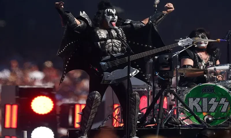 MELBOURNE, AUSTRALIA - SEPTEMBER 30: Gene Simmons of Kiss performs during the 2023 AFL Grand Final match between Collingwood Magpies and Brisbane Lions at Melbourne Cricket Ground, on September 30, 2023, in Melbourne, Australia. (Photo by Daniel Pockett/AFL Photos/via Getty Images)