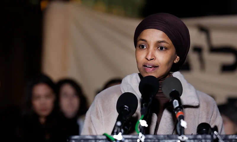 WASHINGTON, DC - NOVEMBER 13: U.S. Rep. Ilhan Omar (D-MN) speaks during a news conference calling for a ceasefire in Gaza outside the U.S. Capitol building on November 13, 2023 in Washington, DC. House Democrats held the news conference alongside rabbis with the activist group Jewish Voices for Peace. (Photo by Anna Moneymaker/Getty Images)