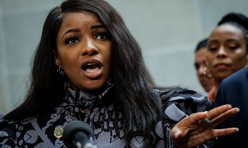 WASHINGTON, DC - FEBRUARY 28: Rep. Jasmine Crockett (D-TX) speaks during a press conference with other Democratic members of the House Committee on Oversight and Accountability, and House Judiciary Committee during a break in the closed-door deposition of Hunter Biden, son of U.S. President Joe Biden, in the O'Neill House Office Building on February 28, 2024 in Washington, DC. The meeting is part of the Republicans' impeachment inquiry into President Joe Biden. (Photo by Samuel Corum/Getty Images)