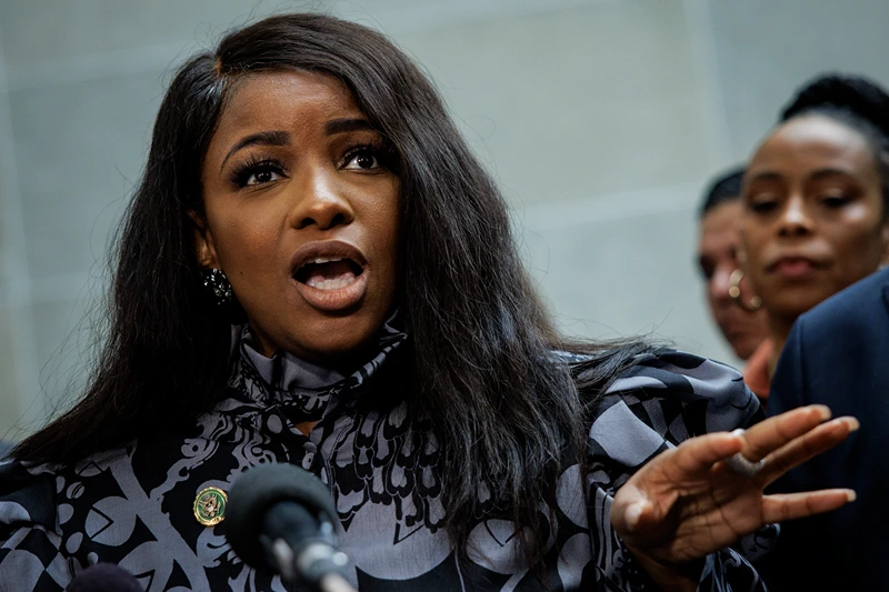 WASHINGTON, DC - FEBRUARY 28: Rep. Jasmine Crockett (D-TX) speaks during a press conference with other Democratic members of the House Committee on Oversight and Accountability, and House Judiciary Committee during a break in the closed-door deposition of Hunter Biden, son of U.S. President Joe Biden, in the O'Neill House Office Building on February 28, 2024 in Washington, DC. The meeting is part of the Republicans' impeachment inquiry into President Joe Biden. (Photo by Samuel Corum/Getty Images)