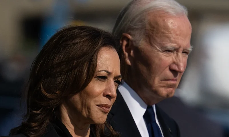 TOPSHOT - US Vice President and Democratic presidential candidate Kamala Harris and US President Joe Biden attend a wreath-laying ceremony at the Pentagon in Washington, DC, on September 11, 2024, on the 23rd anniversary of the 9/11 attacks. (Photo by Drew ANGERER / AFP) (Photo by DREW ANGERER/AFP via Getty Images
