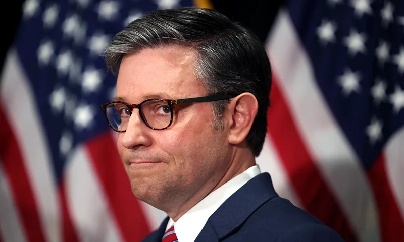 WASHINGTON, DC - NOVEMBER 13: U.S. Speaker of the House Mike Johnson (R-LA) speaks after being reelected to his leadership role following the House Republican leadership elections at the Hyatt Regency Washington on Capitol Hill on November 13, 2024 in Washington, DC. The House Republican Caucus reelected Speaker Mike Johnson (R-LA), House Majority Leader Steve Scalise (R-LA) and House Majority Whip Tom Emmer (R-MN) to their positions for the 119th Congress and elected Rep. Lisa McClain (R-MI) as House Republican Conference Chair. (Photo by Tasos Katopodis/GettyImages)