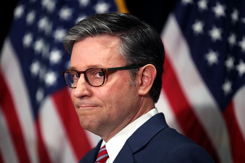 WASHINGTON, DC - NOVEMBER 13: U.S. Speaker of the House Mike Johnson (R-LA) speaks after being reelected to his leadership role following the House Republican leadership elections at the Hyatt Regency Washington on Capitol Hill on November 13, 2024 in Washington, DC. The House Republican Caucus reelected Speaker Mike Johnson (R-LA), House Majority Leader Steve Scalise (R-LA) and House Majority Whip Tom Emmer (R-MN) to their positions for the 119th Congress and elected Rep. Lisa McClain (R-MI) as House Republican Conference Chair. (Photo by Tasos Katopodis/GettyImages)