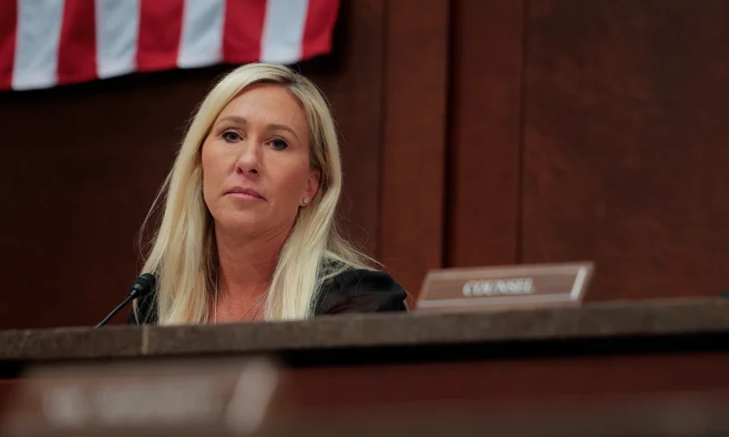 WASHINGTON, DC - FEBRUARY 26: Chair of the Subcommittee on Delivering On Government Efficiency (DOGE) U.S. Rep. Marjorie Taylor Greene (R-SC) presides over a hearing of the House Oversight Subcommittee in the U.S. Capitol on February 26, 2025 in Washington, DC. The subcommittee held the hearing to hear from witnesses on U.S. foreign aid. (Photo by Anna Moneymaker/Getty Images)