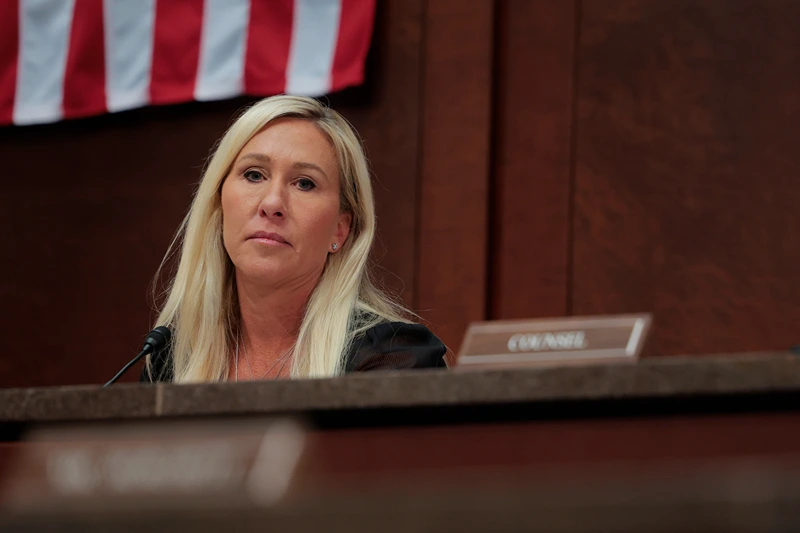 WASHINGTON, DC - FEBRUARY 26: Chair of the Subcommittee on Delivering On Government Efficiency (DOGE) U.S. Rep. Marjorie Taylor Greene (R-SC) presides over a hearing of the House Oversight Subcommittee in the U.S. Capitol on February 26, 2025 in Washington, DC. The subcommittee held the hearing to hear from witnesses on U.S. foreign aid. (Photo by Anna Moneymaker/Getty Images)