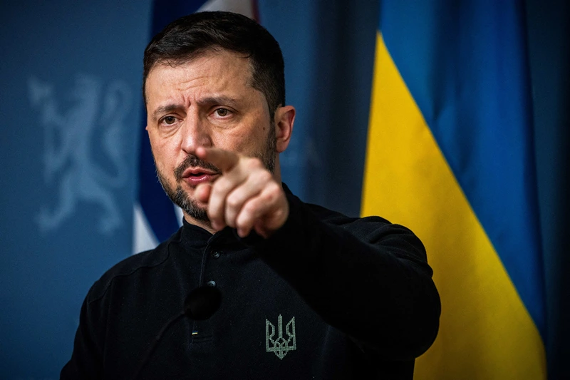 Ukrainian President Volodymyr Zelensky gestures as he addresses a press conference with the Norwegian Prime Minister in the government's representative building in Oslo, Norway on March 20, 2025. (Photo by Ole Berg-Rusten / NTB / AFP) / Norway OUT (Photo by OLE BERG-RUSTEN/NTB/AFP via Getty Images)