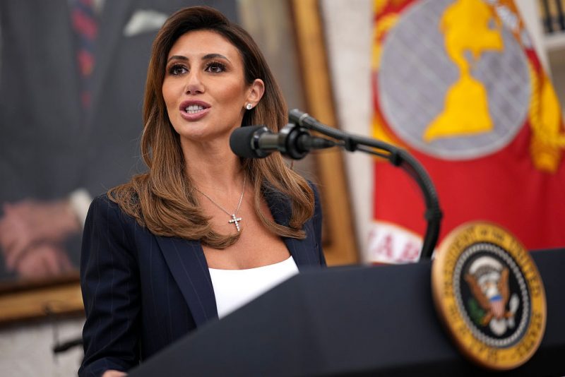 WASHINGTON, DC - MARCH 28: White House Presidential Counselor Alina Habba delivers remarks before being sworn in as the interim U.S. Attorney for New Jersey in the Oval Office at the White House on March 28, 2025 in Washington, DC. Habba is a former personal attorney for President Donald Trump. (Photo by Andrew Harnik/Getty Images)