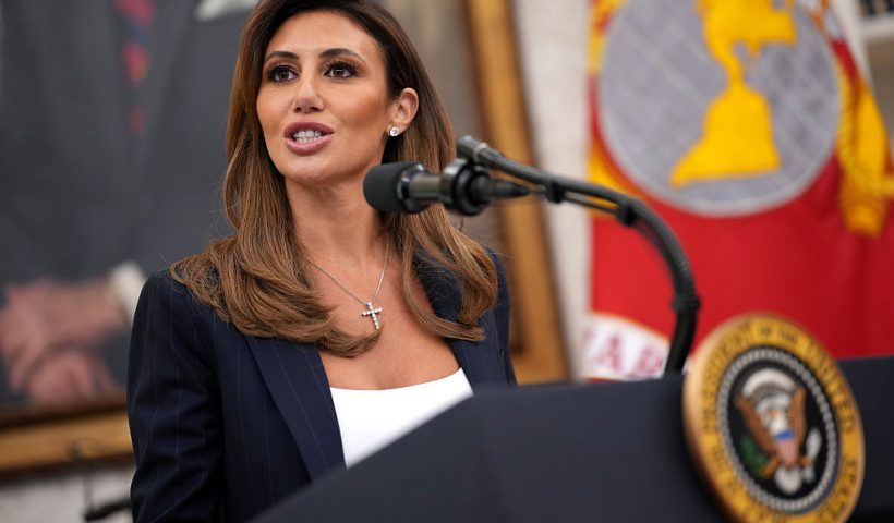 WASHINGTON, DC - MARCH 28: White House Presidential Counselor Alina Habba delivers remarks before being sworn in as the interim U.S. Attorney for New Jersey in the Oval Office at the White House on March 28, 2025 in Washington, DC. Habba is a former personal attorney for President Donald Trump. (Photo by Andrew Harnik/Getty Images)