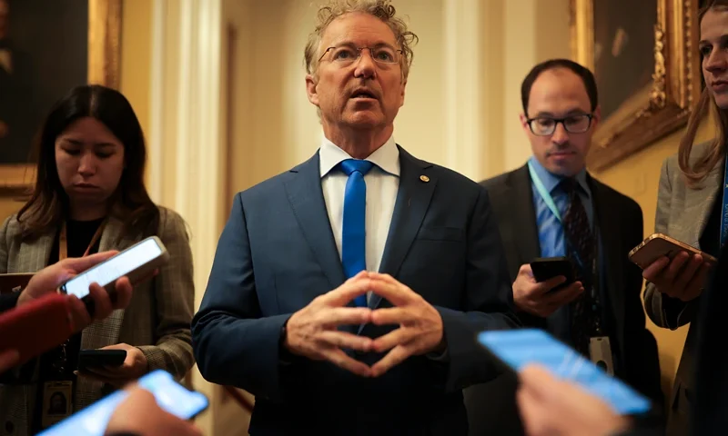 WASHINGTON, DC - APRIL 01: Sen. Rand Paul (R-KY) speaks to reporters before the weekly Republican Senate policy luncheon at the U.S. Capitol on April 01, 2025 in Washington, DC. Senators spoke about the White House's intended tariffs and taxes to be implemented. (Photo by Kayla Bartkowski/Getty Images)