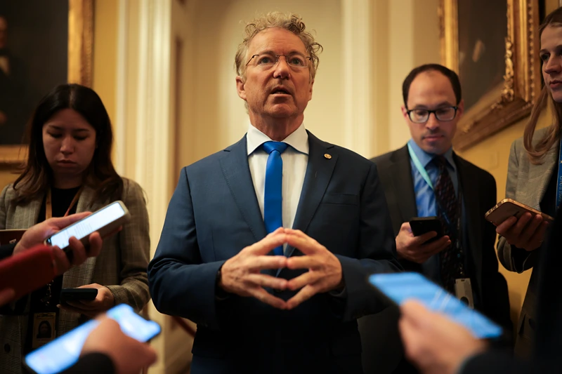 WASHINGTON, DC - APRIL 01: Sen. Rand Paul (R-KY) speaks to reporters before the weekly Republican Senate policy luncheon at the U.S. Capitol on April 01, 2025 in Washington, DC. Senators spoke about the White House's intended tariffs and taxes to be implemented. (Photo by Kayla Bartkowski/Getty Images)