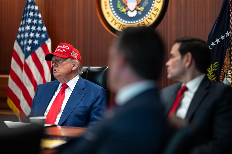 WASHINGTON, DC - JUNE 21: (EDITOR'S NOTE: This Handout image was provided by a third-party organization and may not adhere to Getty Images' editorial policy.) In this handout provided by the White House, U.S. President Donald Trump (L), Defense Secretary Pete Hegseth (C) and Secretary of State Marco Rubio sit in the Situation Room as they monitor the mission that took out three Iranian nuclear enrichment sites, at the White House on June 21, 2025 in Washington, DC. According to the Pentagon three of Iran’s nuclear sites sustained “severe damage” from the U.S. strikes. (Photo by Daniel Torok/The White House via Getty Images)