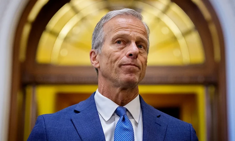WASHINGTON, DC - JULY 1: (EDITOR'S NOTE: Alternative Crop) Senate Majority Leader John Thune (R-SD) pauses while speaking to reporters off the Senate floor after the Senate passes President Donald Trump's so-called "One, Big, Beautiful Bill," Act at the U.S. Capitol Building on July 1, 2025 in Washington, DC. U.S. Vice President J.D. Vance was the tie-breaking vote as President Donald Trump's so-called "One, Big, Beautiful Bill," Act passes in the Senate. (Photo by Andrew Harnik/Getty Images)