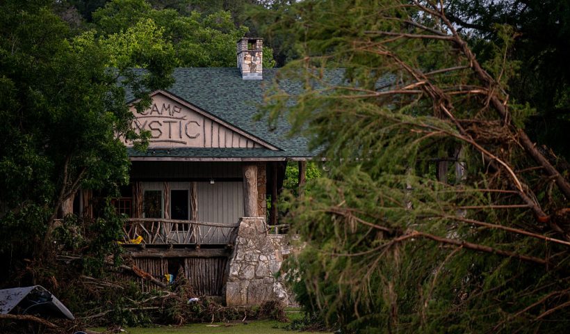 HUNT, TEXAS - JULY 07: Debris is piled up at Camp Mystic on July 07, 2025 in Hunt, Texas. Heavy rainfall early Friday caused severe flash flooding along the Guadalupe River in central Texas, leaving more than 100 people reported dead, including children attending the camp. (Photo by Brandon Bell/Getty Images)