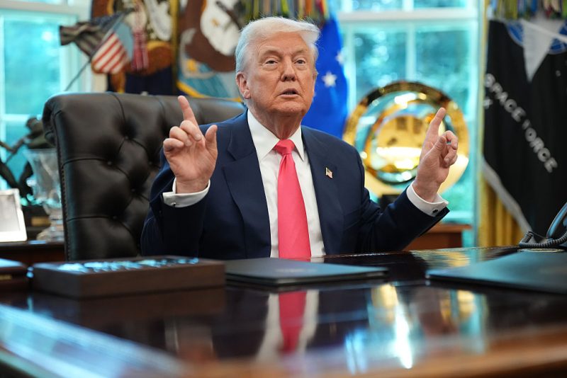 WASHINGTON, DC - AUGUST 14: U.S. President Donald Trump answers questions from reporters in the Oval Office on August 14, 2025 in Washington, DC. Trump signed a proclamation on the 90th anniversary of Social Security to highlight his administration's efforts on the program. (Photo by Andrew Harnik/Getty Images)