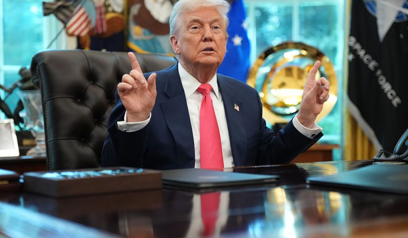 WASHINGTON, DC - AUGUST 14: U.S. President Donald Trump answers questions from reporters in the Oval Office on August 14, 2025 in Washington, DC. Trump signed a proclamation on the 90th anniversary of Social Security to highlight his administration's efforts on the program. (Photo by Andrew Harnik/Getty Images)