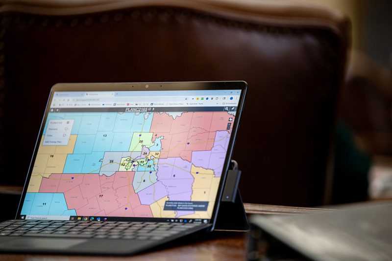 AUSTIN, TEXAS - AUGUST 20: A map is displayed on Texas Democratic Rep. Chris Turner's desk during a House meeting in the State Capitol on August 20, 2025 in Austin, Texas. Texas lawmakers continue convening during a second special session over a newly introduced plan to redraw Texas' congressional maps ahead of the 2026 midterm elections. (Photo by Brandon Bell/Getty Images)