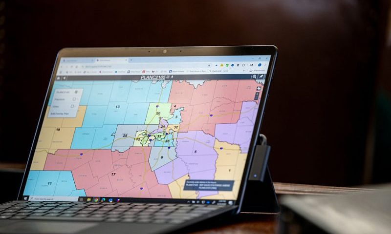 AUSTIN, TEXAS - AUGUST 20: A map is displayed on Texas Democratic Rep. Chris Turner's desk during a House meeting in the State Capitol on August 20, 2025 in Austin, Texas. Texas lawmakers continue convening during a second special session over a newly introduced plan to redraw Texas' congressional maps ahead of the 2026 midterm elections. (Photo by Brandon Bell/Getty Images)