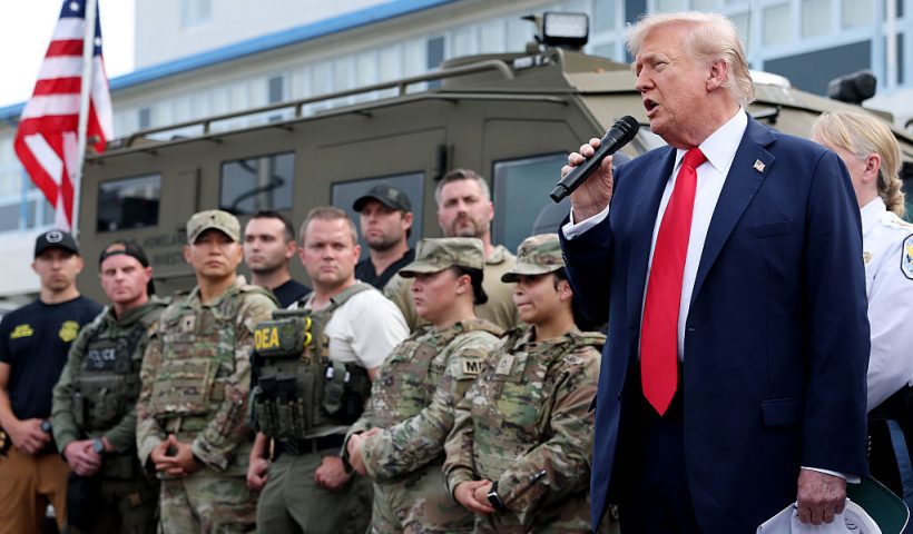 WASHINGTON, DC - AUGUST 21: U.S. President Donald Trump visits the U.S. Park Police Anacostia Operations Facility on August 21, 2025 in Washington, DC. The Trump administration has deployed federal officers and the National Guard to the District in order to place the DC Metropolitan Police Department under federal control and assist in crime prevention in the nation's capital. (Photo by Anna Moneymaker/Getty Images)