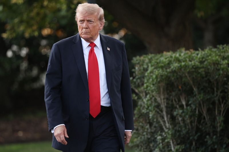 WASHINGTON, DC - SEPTEMBER 11: U.S. President Donald walks toward reporters while departing the White House on September 11, 2025 in Washington, DC. Trump is scheduled to travel to New York City this evening. (Photo by Win McNamee/Getty Images)