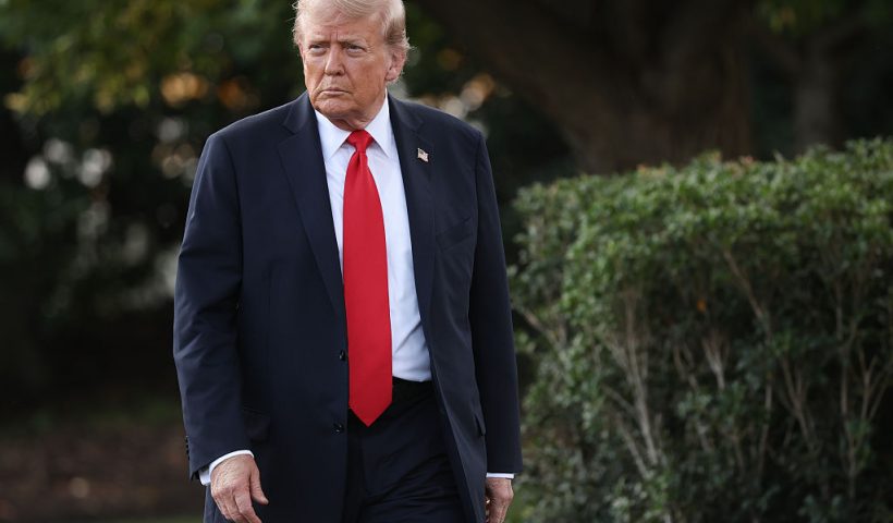 WASHINGTON, DC - SEPTEMBER 11: U.S. President Donald walks toward reporters while departing the White House on September 11, 2025 in Washington, DC. Trump is scheduled to travel to New York City this evening. (Photo by Win McNamee/Getty Images)