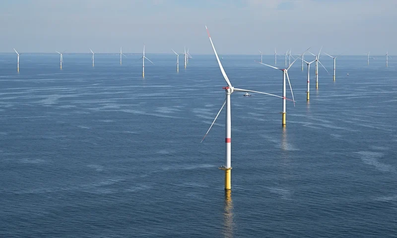 This aerial photograph shows an offshore wind farm off the coasts of Saint-Nazaire, western France on October 1, 2025. (Photo by Damien MEYER / AFP) (Photo by DAMIEN MEYER/AFP via Getty Images)
