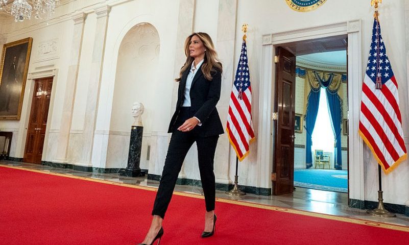 WASHINGTON, DC - OCTOBER 10: First lady Melania Trump arrives before delivering a statement in the Grand Foyer at the White House on October 10, 2025 in Washington, DC. The first lady announced she and Russian President Vladimir Putin have an "open channel of communication" to help reunite Ukrainian children displaced by the Russian-Ukraine war with their families. (Photo by Alex Brandon - Pool/Getty Images)