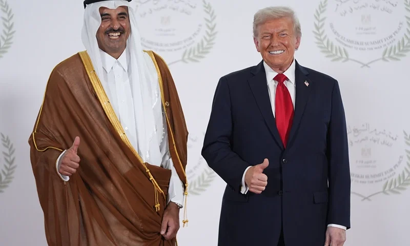 SHARM EL-SHEIKH, EGYPT - OCTOBER 13: President Donald Trump poses with Qatar Prime Minister and Foreign Minister Sheikh Mohammed bin Abdulrahman bin Jassim Al Thani during a world leaders' summit on ending the Gaza war on October 13, 2025 in Sharm El-Sheikh, Egypt. President Trump is in Egypt to meet with European and Middle Eastern leaders in what’s being billed as an international peace summit, following the start of a US-brokered ceasefire deal to end the war in the Gaza Strip. (Photo by Evan Vucci - Pool / Getty Images)