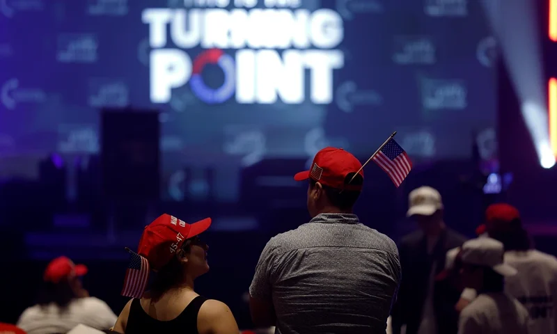 BERKELEY, CALIFORNIA - NOVEMBER 10: Attendees gather before the start of a Turning Point USA event at the University of California, Berkeley (UC Berkeley) on November 10, 2025 in Berkeley, California. Two months after Turning Point USA founder Charlie Kirk was killed, the tour made a stop in California at UC Berkeley. (Photo by Justin Sullivan/Getty Images)