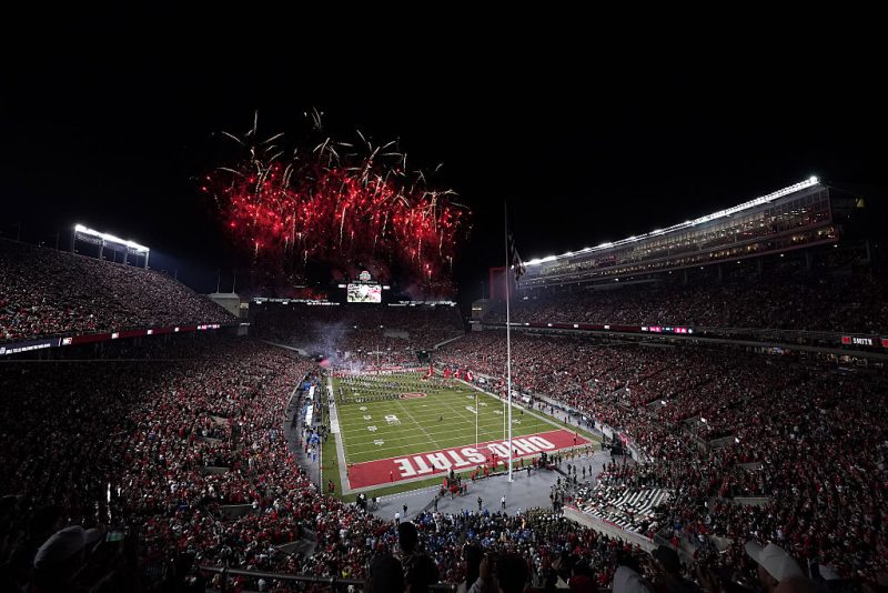 COLUMBUS, OHIO - NOVEMBER 15: General view of the Ohio State Buckeyes taking the field before the game against the UCLA Bruins at Ohio Stadium on November 15, 2025 in Columbus, Ohio. (Photo by Jason Mowry/Getty Images)